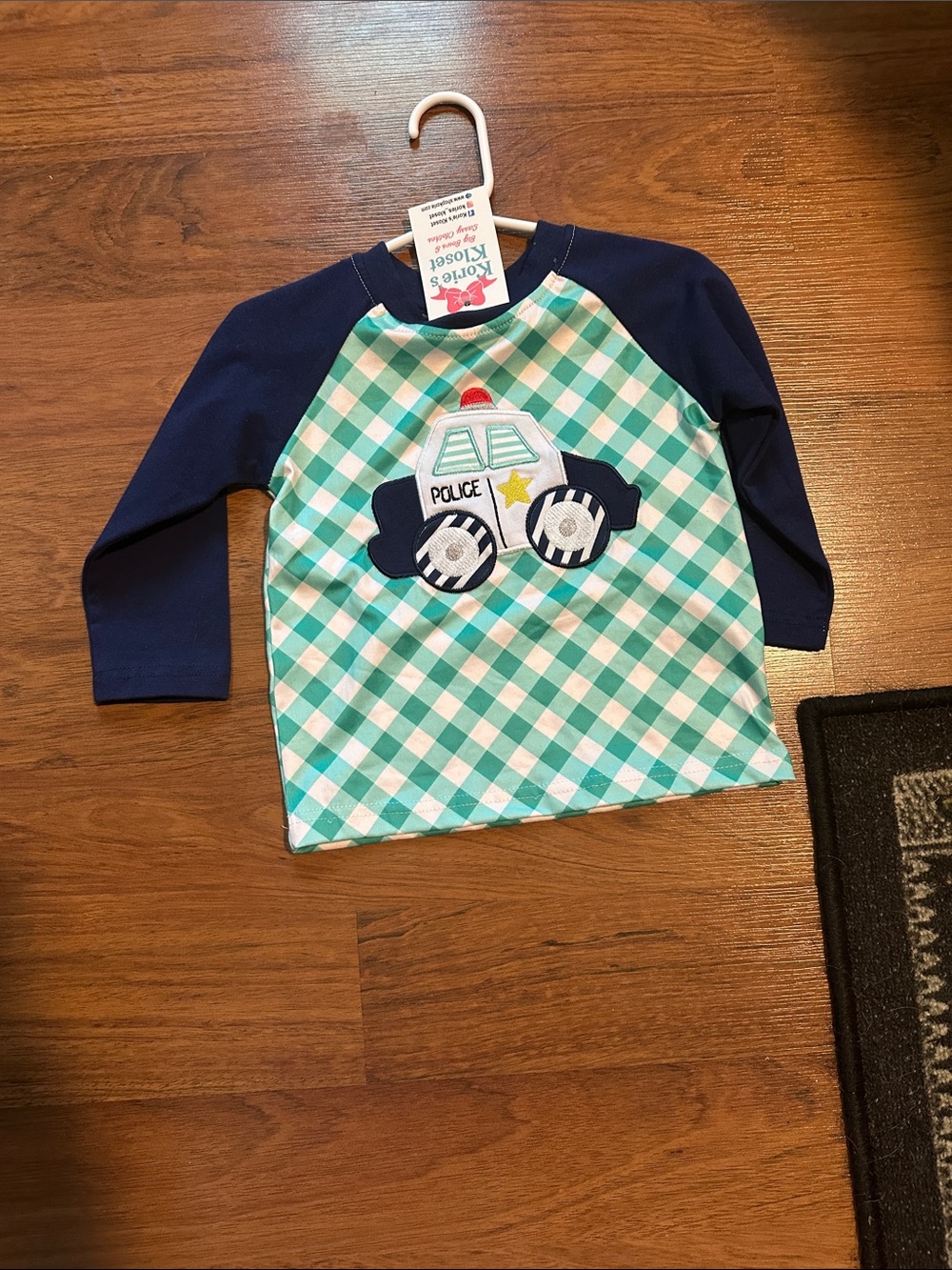 Boutique Korie’s Kloset Navy & Aqua Plaid Police Raglan Tee size 12 mth RARE